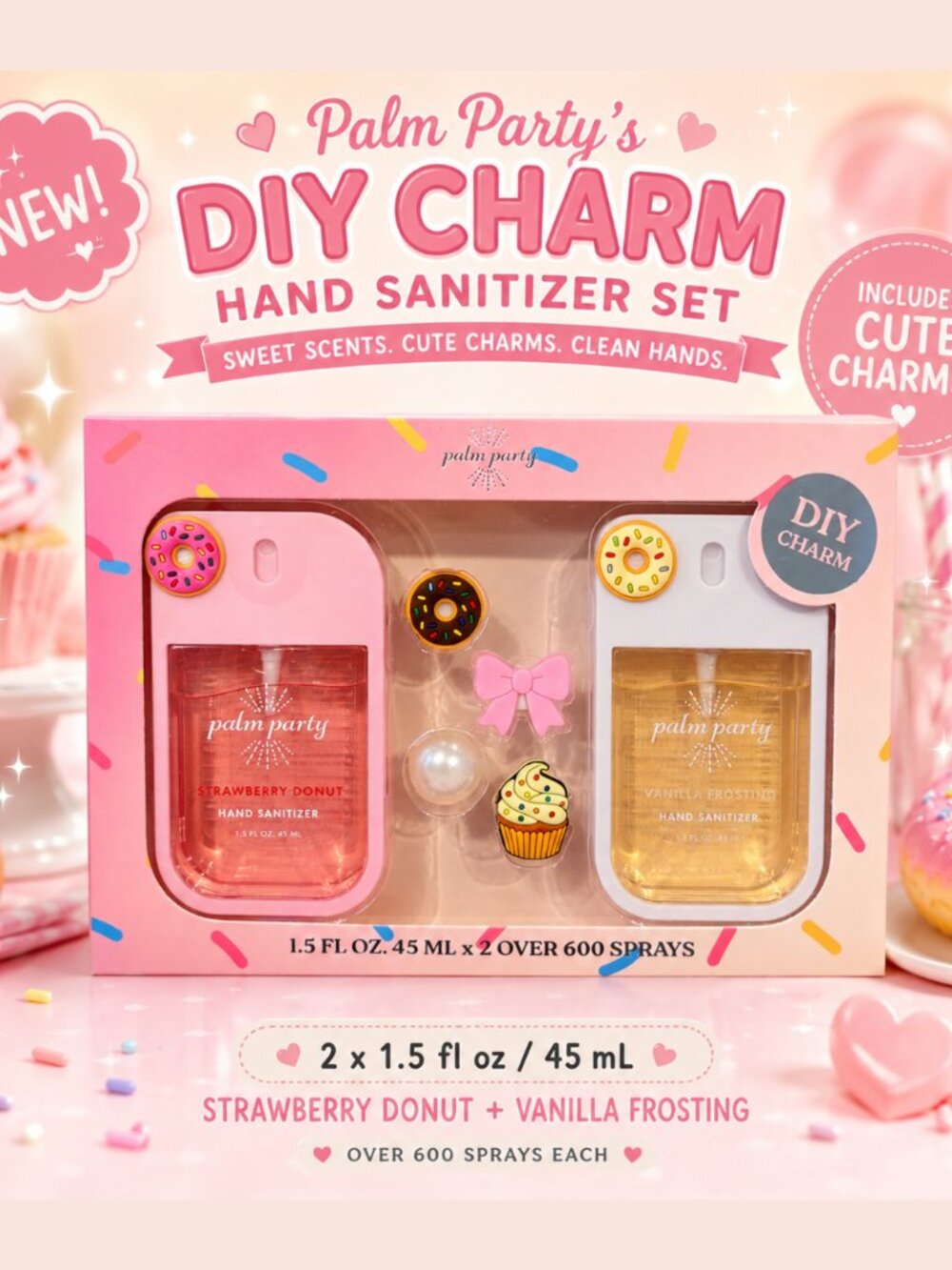 Palm Party Hand Sanitizer Charm Set 🍓🍩 Strawberry Donut + Vanilla Frosting